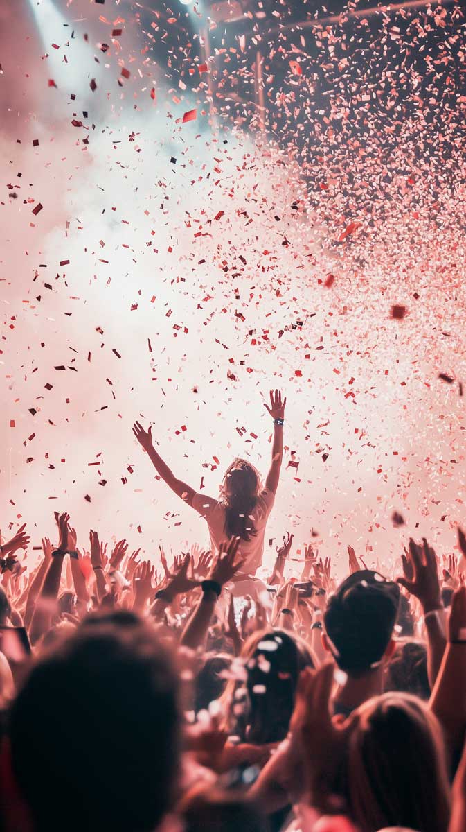 a party, confetti falling from the roof