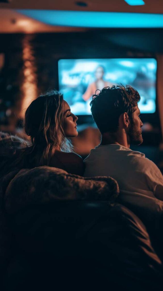 a couple siting in front of a tv